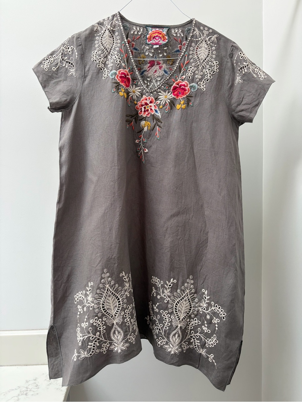 Johnny Was LA Embroidered V-Neck Midi Dress with Floral Accents - Gray